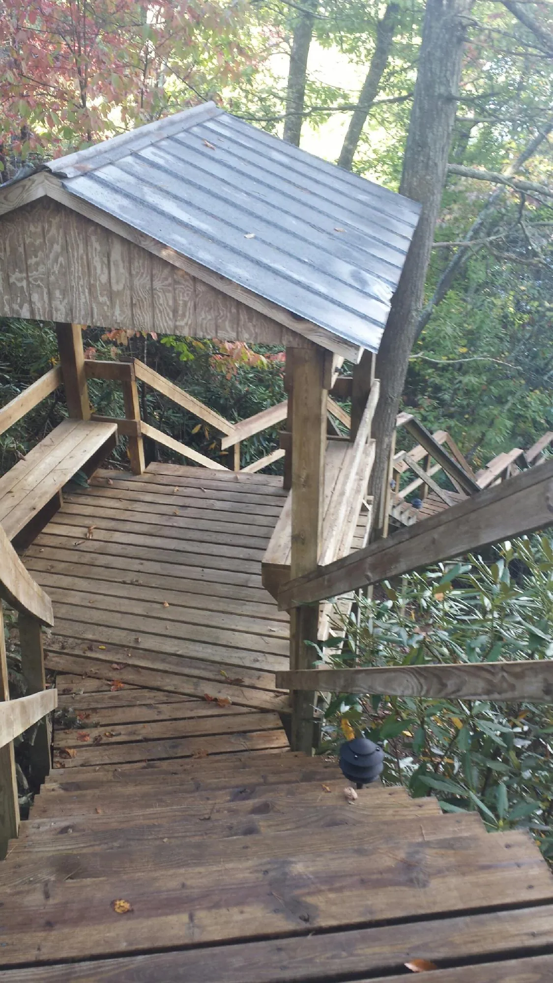 Metal roofed shelter over wooden steps on a wooded walkway — Skylight Repair & Installation work by our crew in Hamilton City